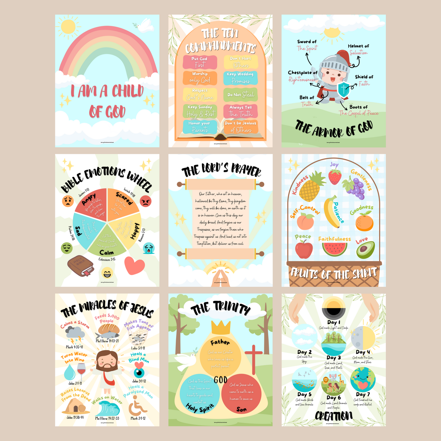 Christian Posters for Kids - 9-Piece Faith-Based Learning Bundle